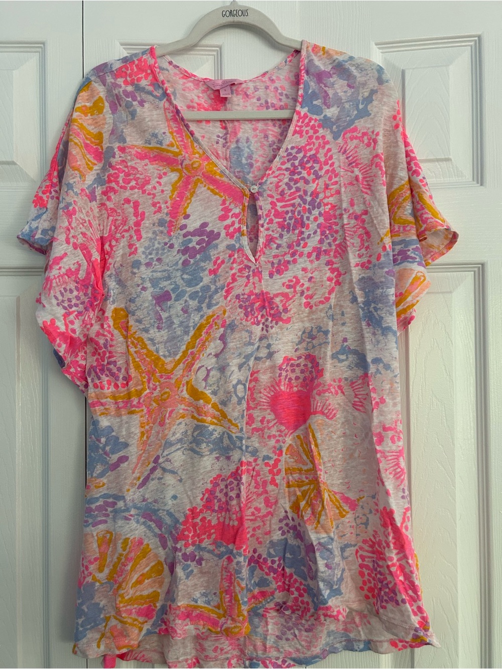 Lilly Pulitzer Pink, Blue & Yellow Starfish Print V-Neck Tunic